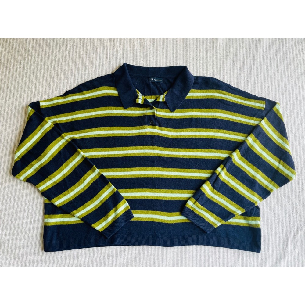Gap CashSoft Polo Sweater XXL Tall Navy Olive Green Striped Long Sleeve Knit Top